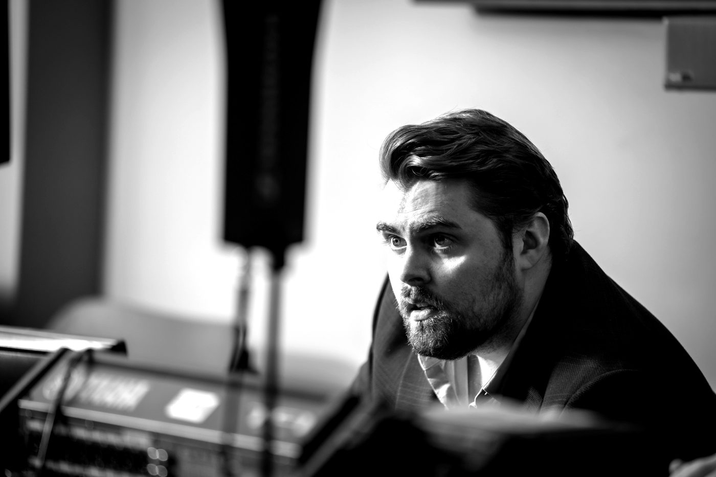 Rhys Morris conducting a live on-stage interview