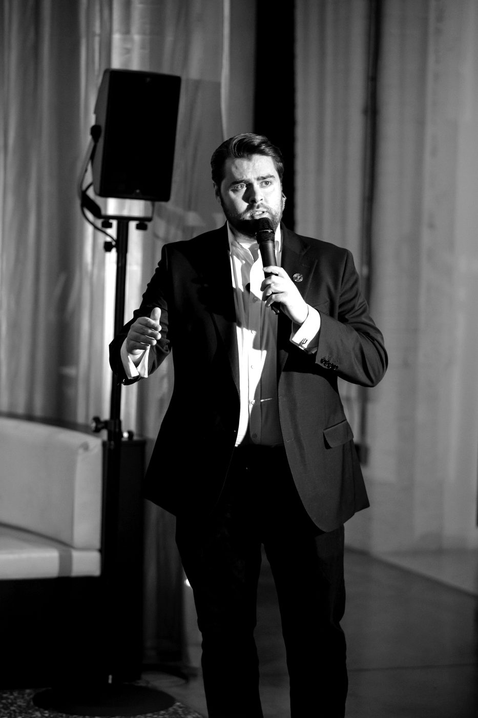 Rhys Morris presenting at a live event