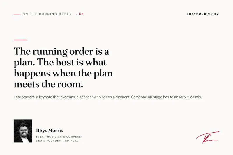 The running order is a plan. The host is what happens when the plan meets the room.